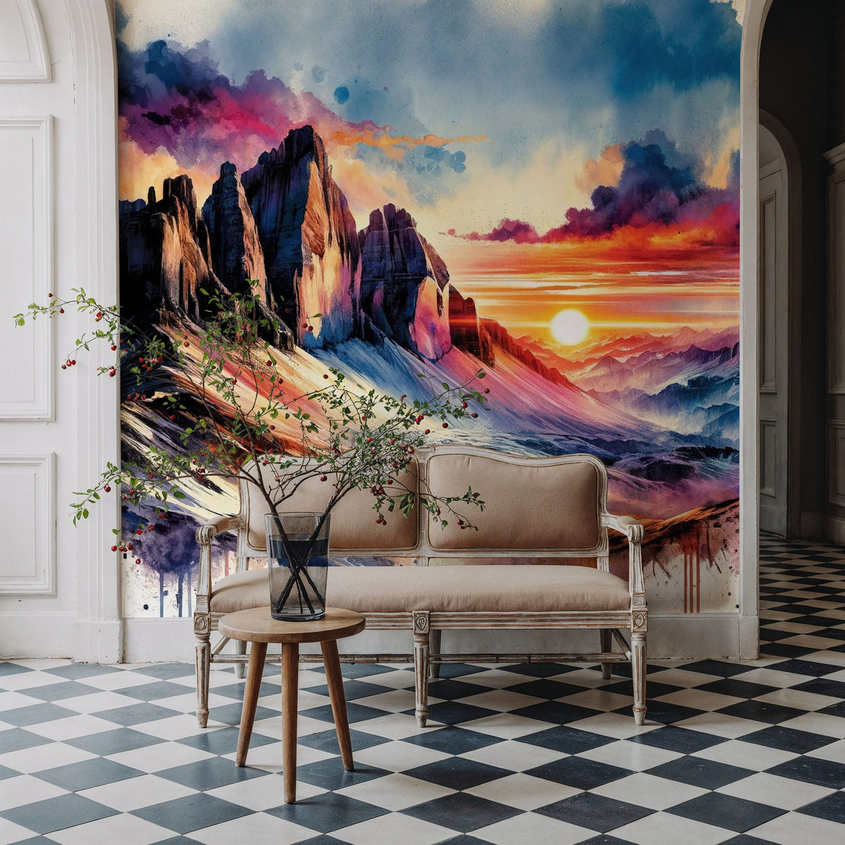 Watercolor Mountains Landscape At Sunset Mural Wallpaper - room preview 03
