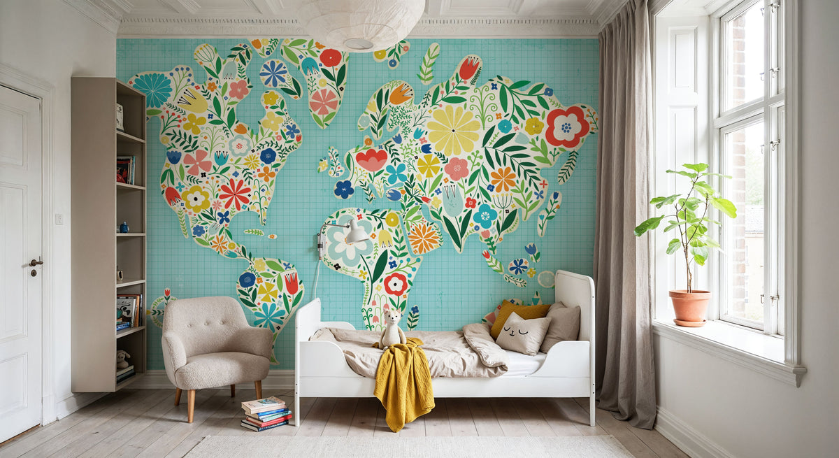 Floral World Blue Mural Wallpaper - room preview 03
