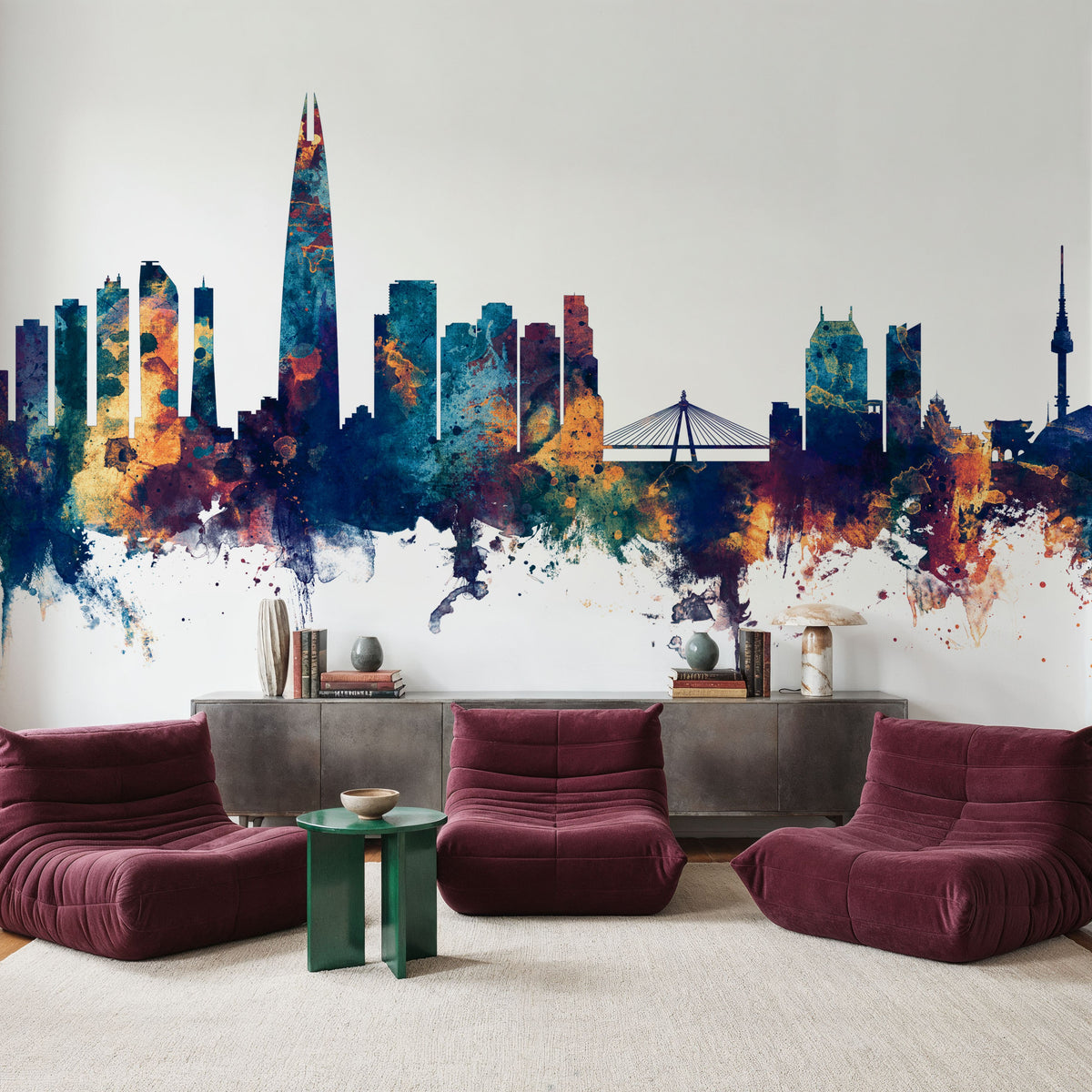 Seoul Skyline Blue & Bronze Mural Wallpaper - room preview 03