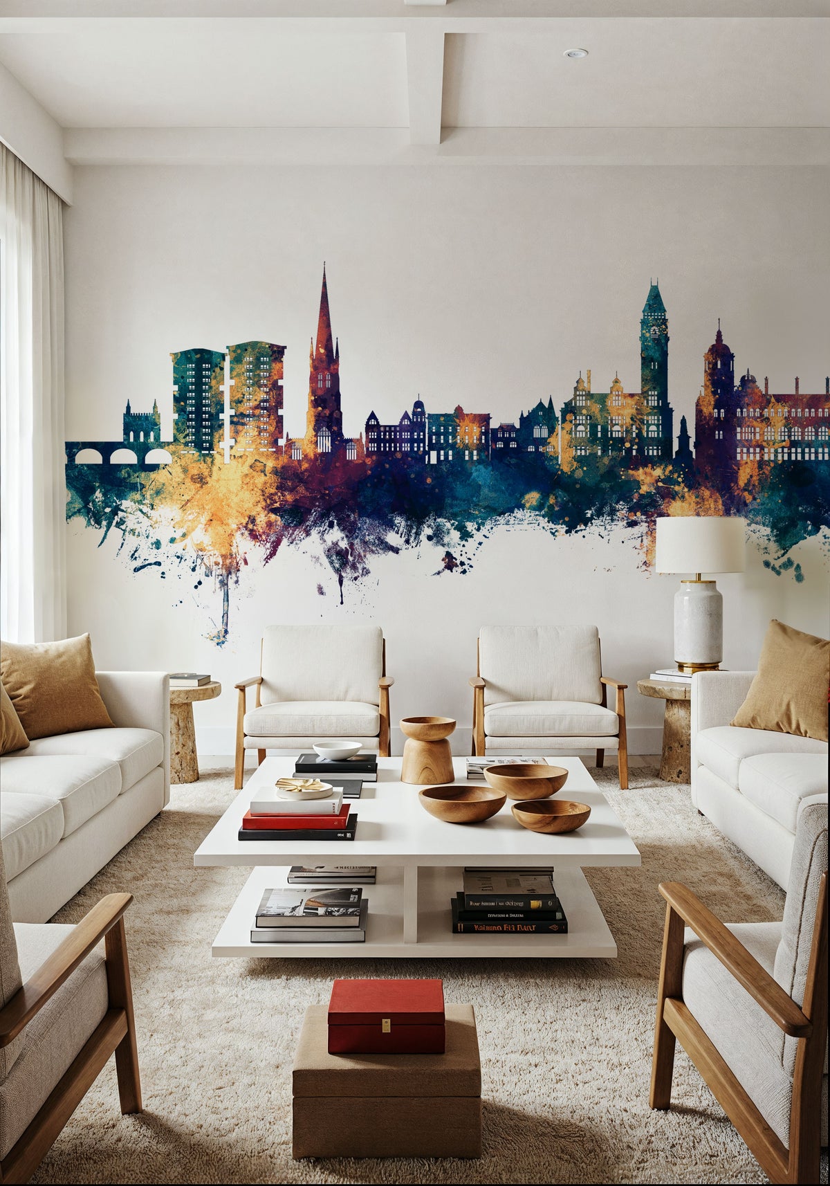 Wakefield England Skyline Blue & Bronze Mural Wallpaper - room preview 03