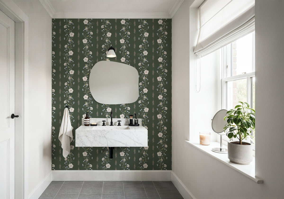 Trailing Flower Stripe, Soft Green Mural Wallpaper - room preview 03