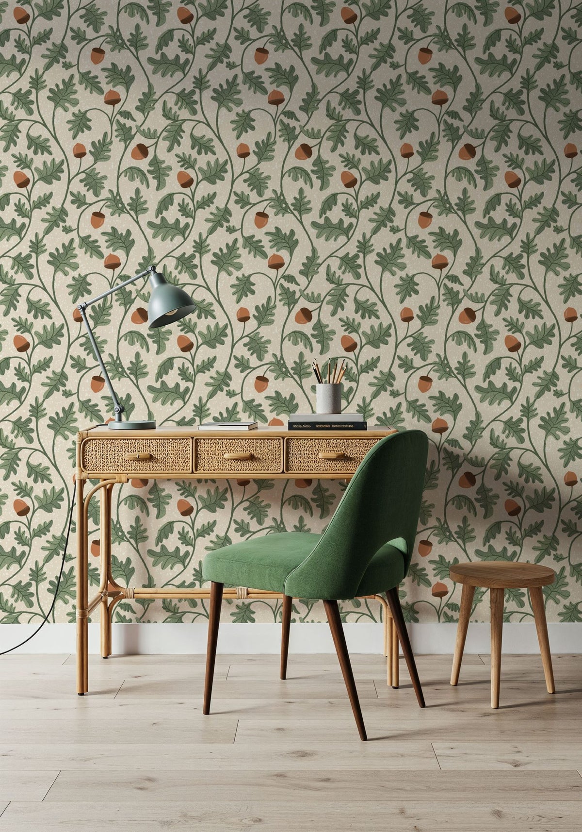Oak & Acorns, White Mural Wallpaper - room preview 03