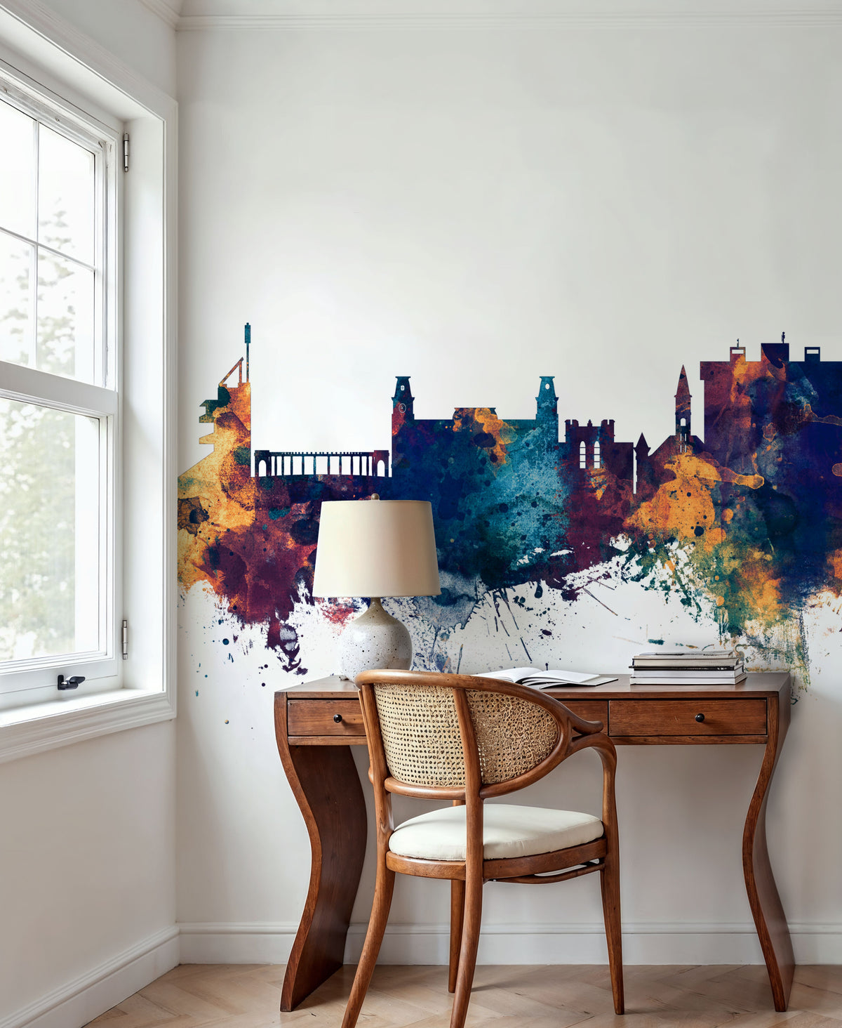Fayetteville Arkansas Skyline Blue & Bronze Mural Wallpaper - room preview 03