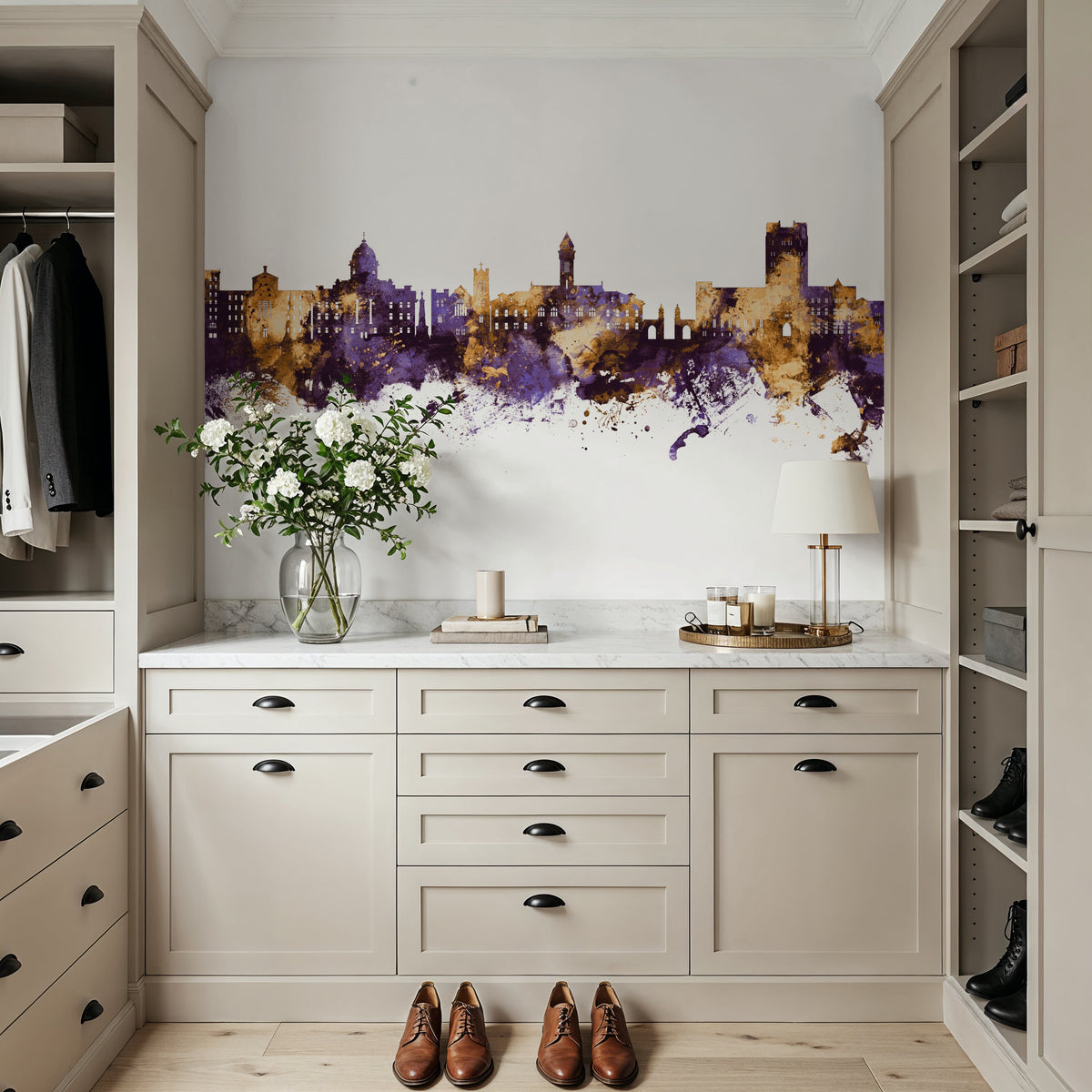 Bloomington Indiana Skyline Purple & Gold Mural Wallpaper - room preview 03