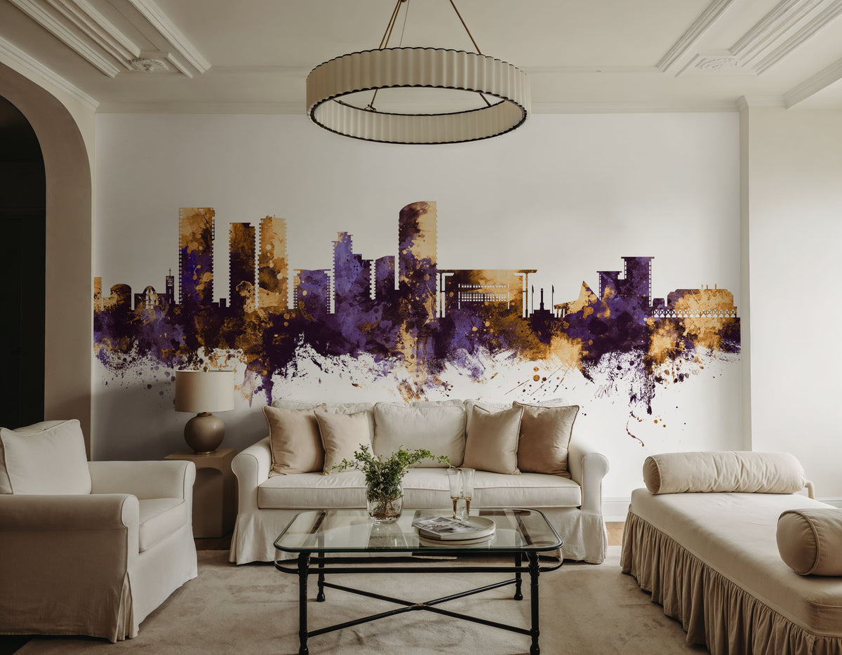 Darwin Australia Skyline Purple & Gold Mural Wallpaper - room preview 03