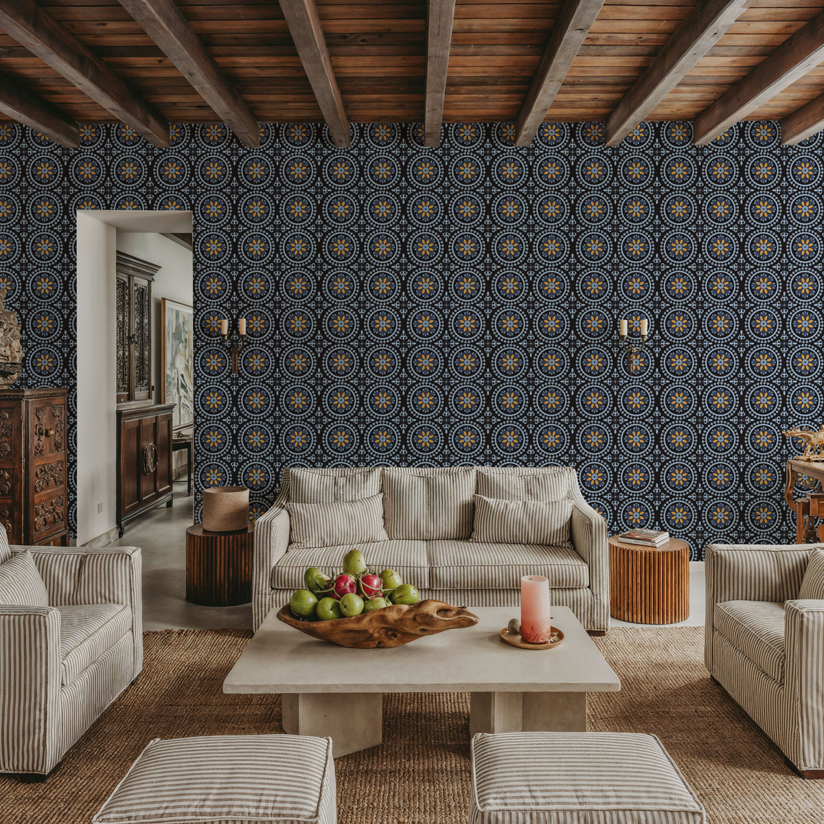 Geo Floral, Navy Mural Wallpaper - room preview 03
