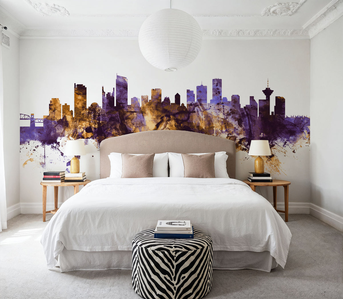 Vancouver Canada Skyline Purple & Gold Mural Wallpaper - room preview 03