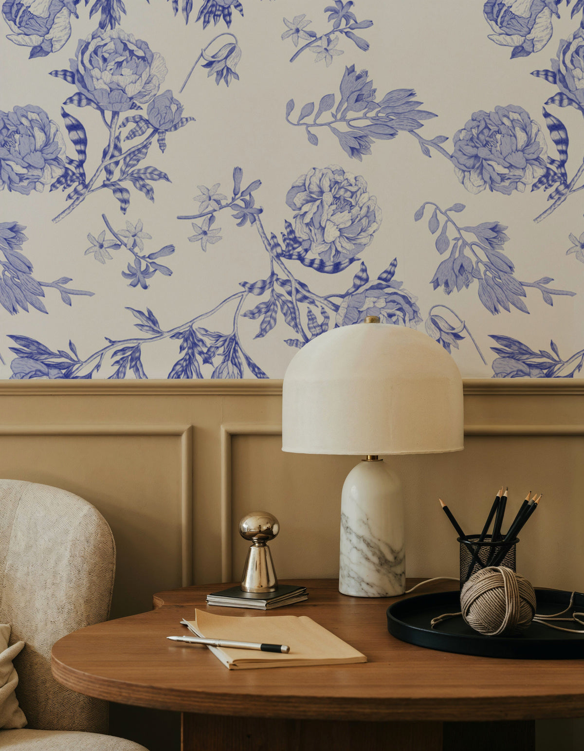 Peony Passion, Blue on White Mural Wallpaper - room preview 03