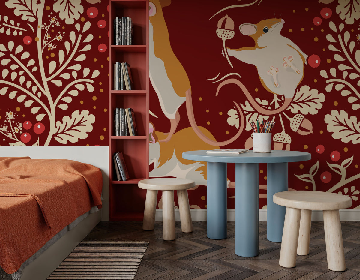 Holiday Mice, Red Mural Wallpaper - room preview 03