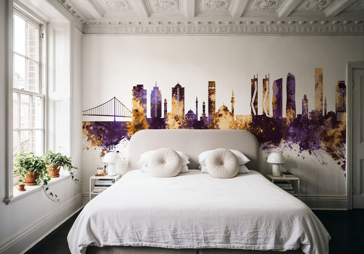 Izmir Turkey Skyline Purple & Gold Mural Wallpaper - room preview 03