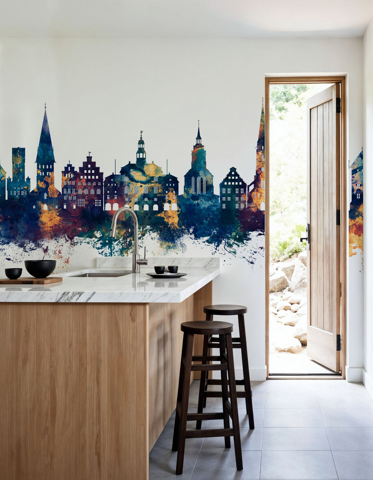 Lüneburg Germany Skyline Blue & Bronze Mural Wallpaper - room preview 03