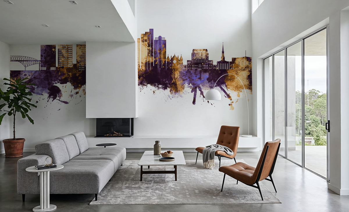 Shreveport Louisiana Skyline Purple & Gold Mural Wallpaper - room preview 03