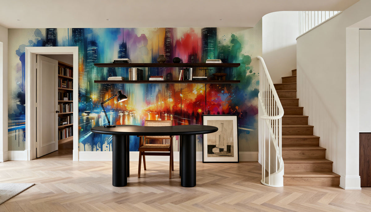 Watercolor Abstract Skyline At Night Mural Wallpaper - room preview 03