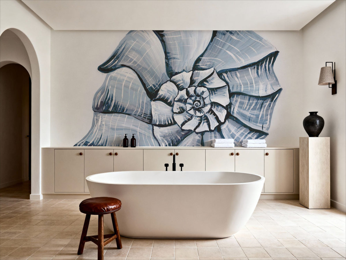 Coastal Harp Shell Navy Mural Wallpaper - room preview 03