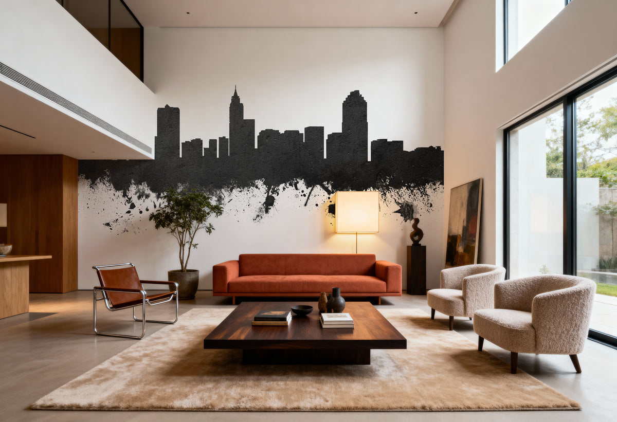 Raleigh North Carolina Skyline Black & White Mural Wallpaper - room preview 03