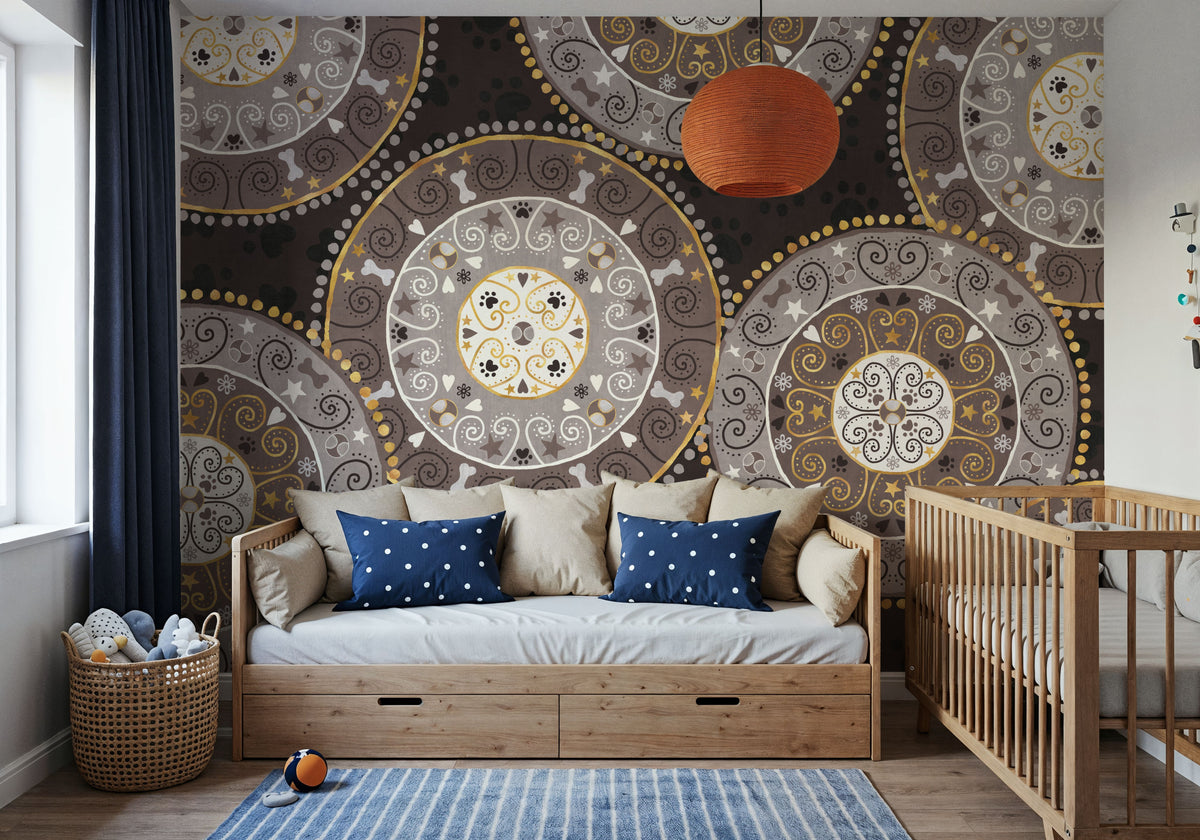 Otomi Dogs VI Dark Neutral Mural Wallpaper - room preview 03