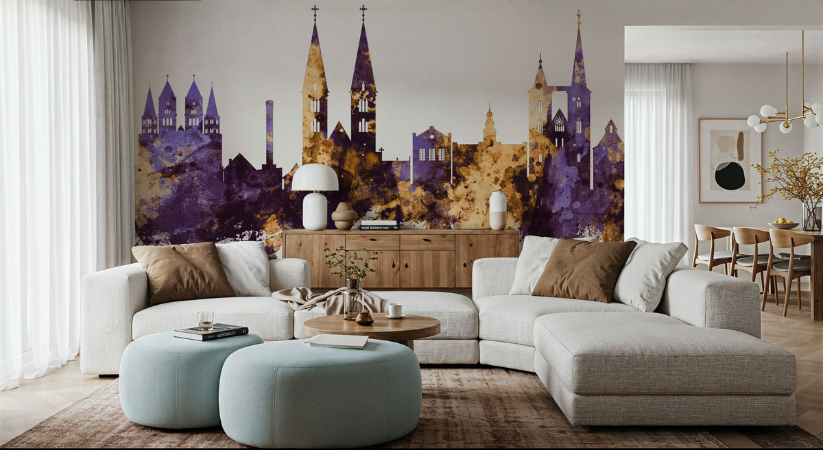 Halberstadt Germany Skyline Purple & Gold Mural Wallpaper - room preview 03
