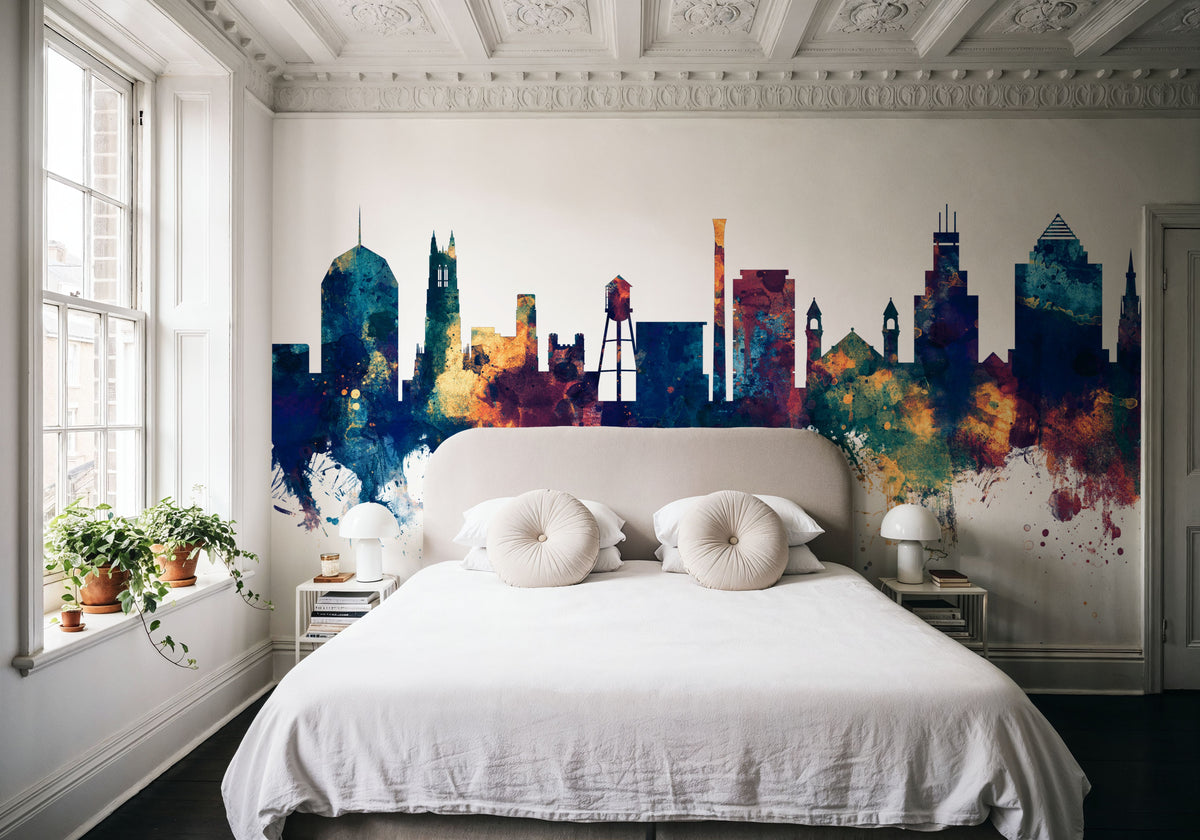 Durham North Carolina Skyline Blue & Bronze Mural Wallpaper - room preview 03