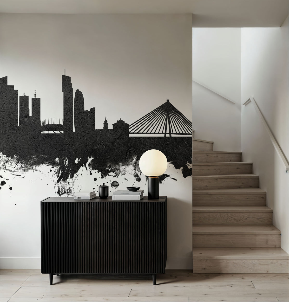 Warsaw Poland Skyline Black & White Mural Wallpaper - room preview 03
