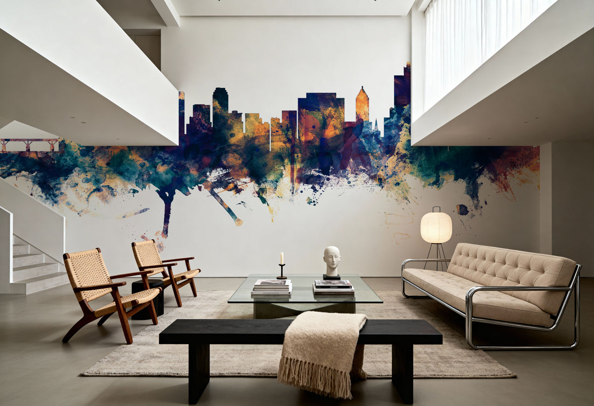 Tulsa Oklahoma Skyline Blue & Bronze Mural Wallpaper - room preview 03
