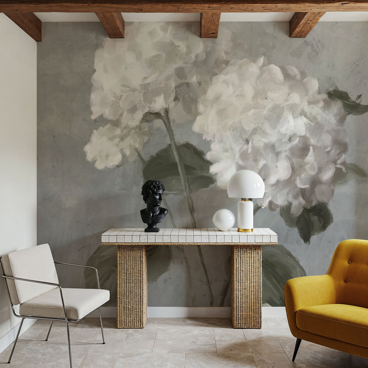 White Hydrangeas on Gray Mural Wallpaper - room preview 03