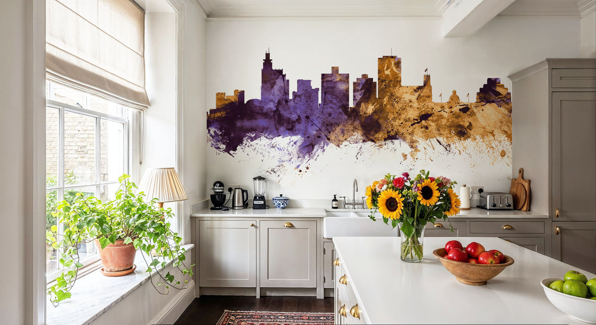 Jackson Mississippi Skyline Purple & Gold Mural Wallpaper - room preview 03