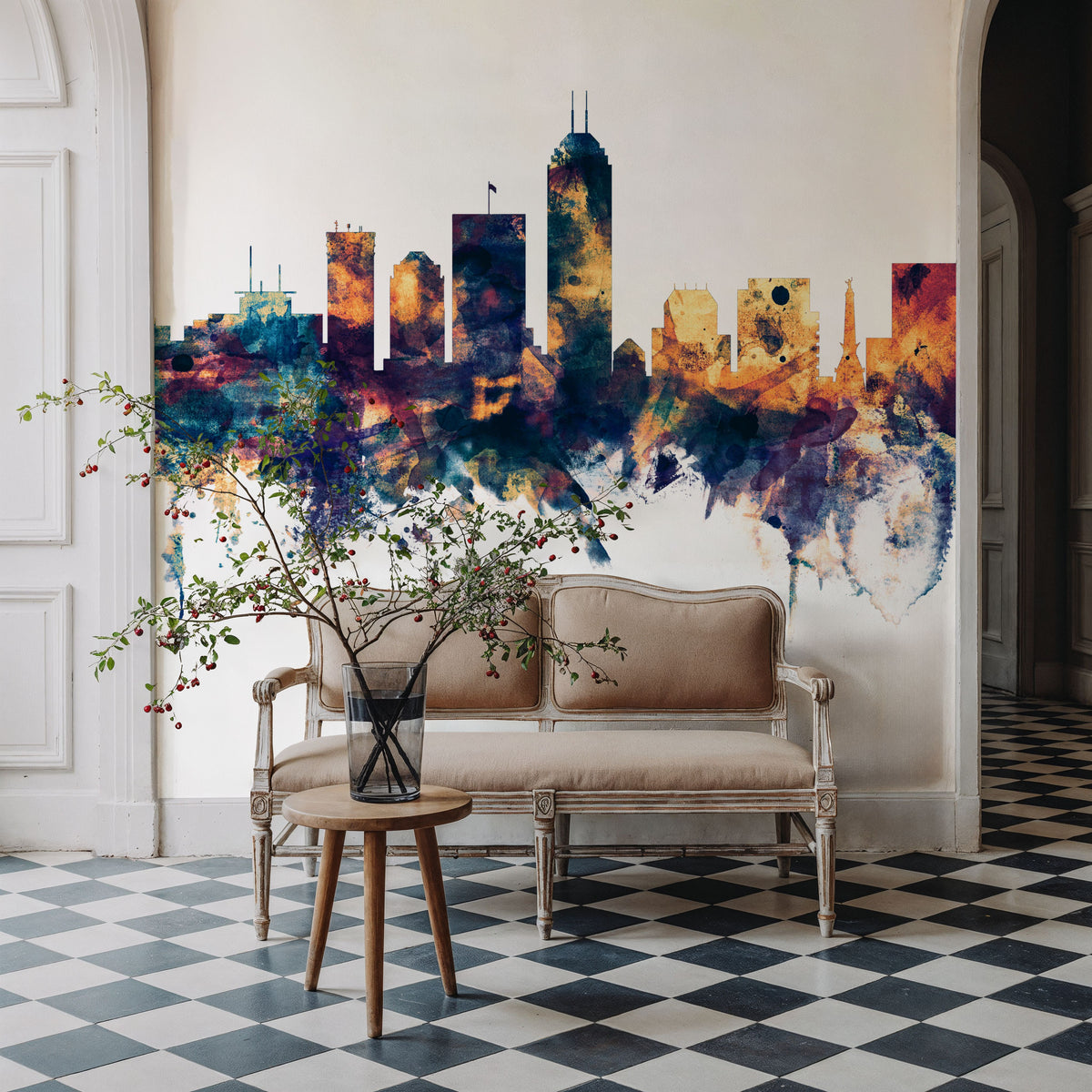 Indianapolis Indiana Skyline Blue & Bronze Mural Wallpaper - room preview 03