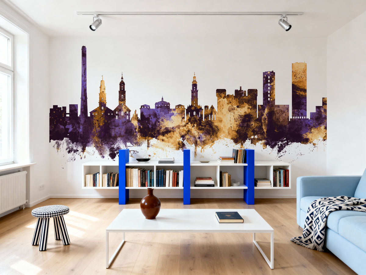 Erlangen Germany Skyline Purple & Gold Mural Wallpaper - room preview 03