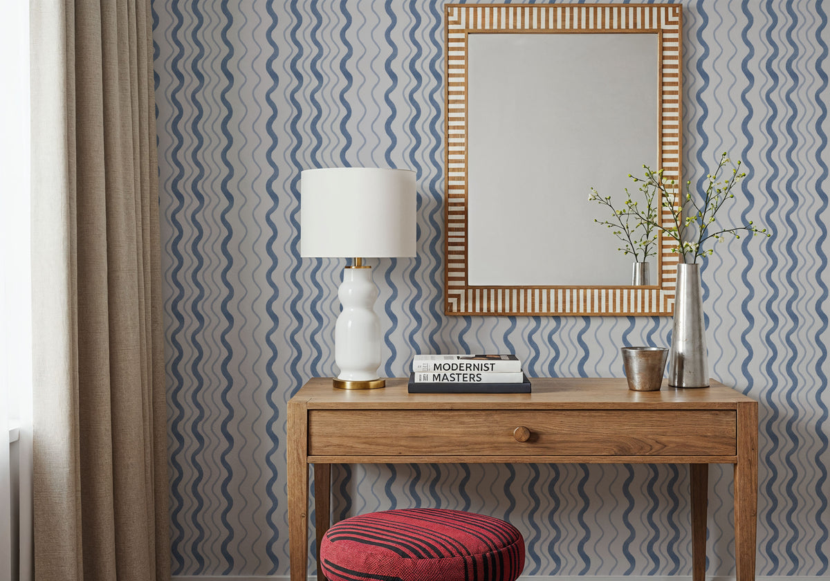 Wavy Stripes, Blue Mural Wallpaper - room preview 03