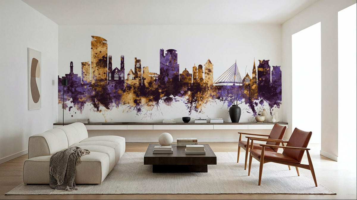 Swansea Wales Skyline Purple & Gold Mural Wallpaper - room preview 03