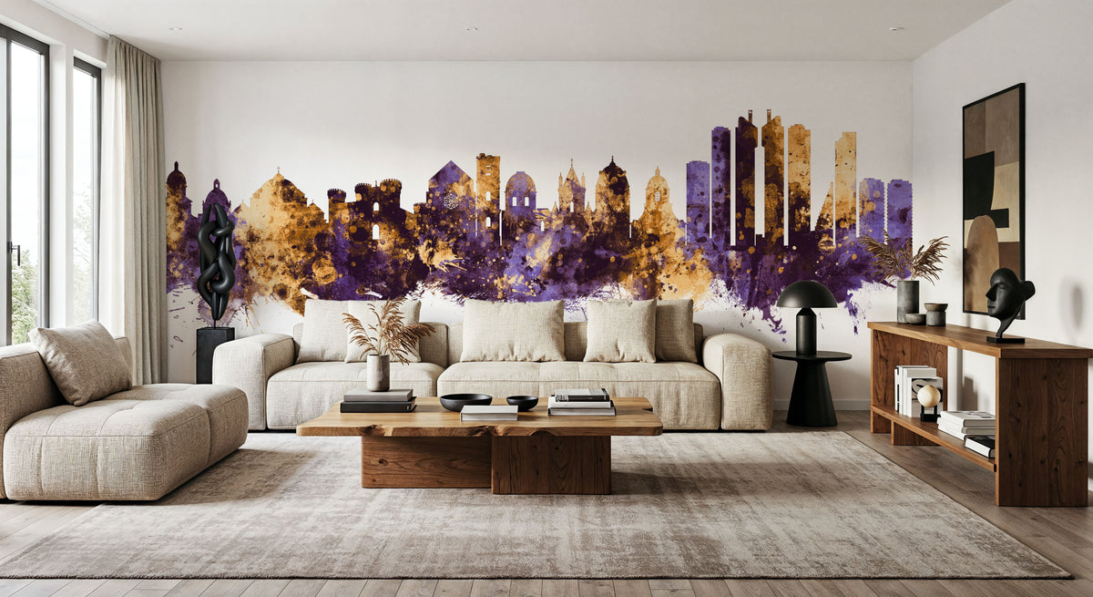 Naples Italy Skyline Purple & Gold Mural Wallpaper - room preview 03