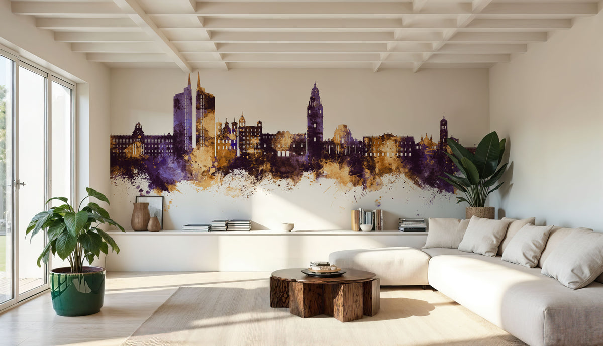Murcia Spain Skyline Purple & Gold Mural Wallpaper - room preview 03