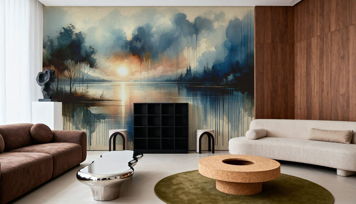 Watercolor Abstract Lake Mural Wallpaper - room preview 03