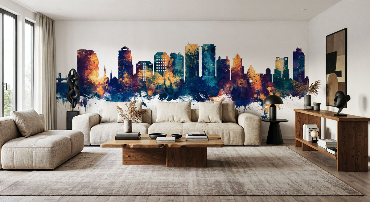 West Palm Beach Florida Skyline Blue & Bronze Mural Wallpaper - room preview 03