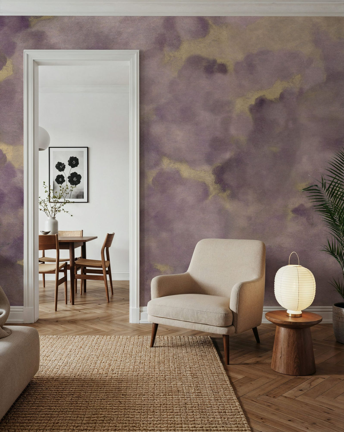 Painted Dreamy Clouds, Lilac Mural Wallpaper - room preview 03
