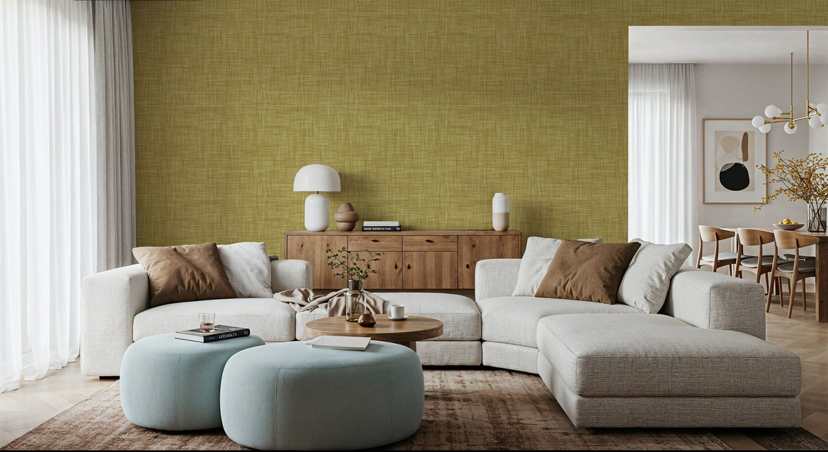 Mottled Linen Effect, Sunflower Yellow Mural Wallpaper - room preview 03
