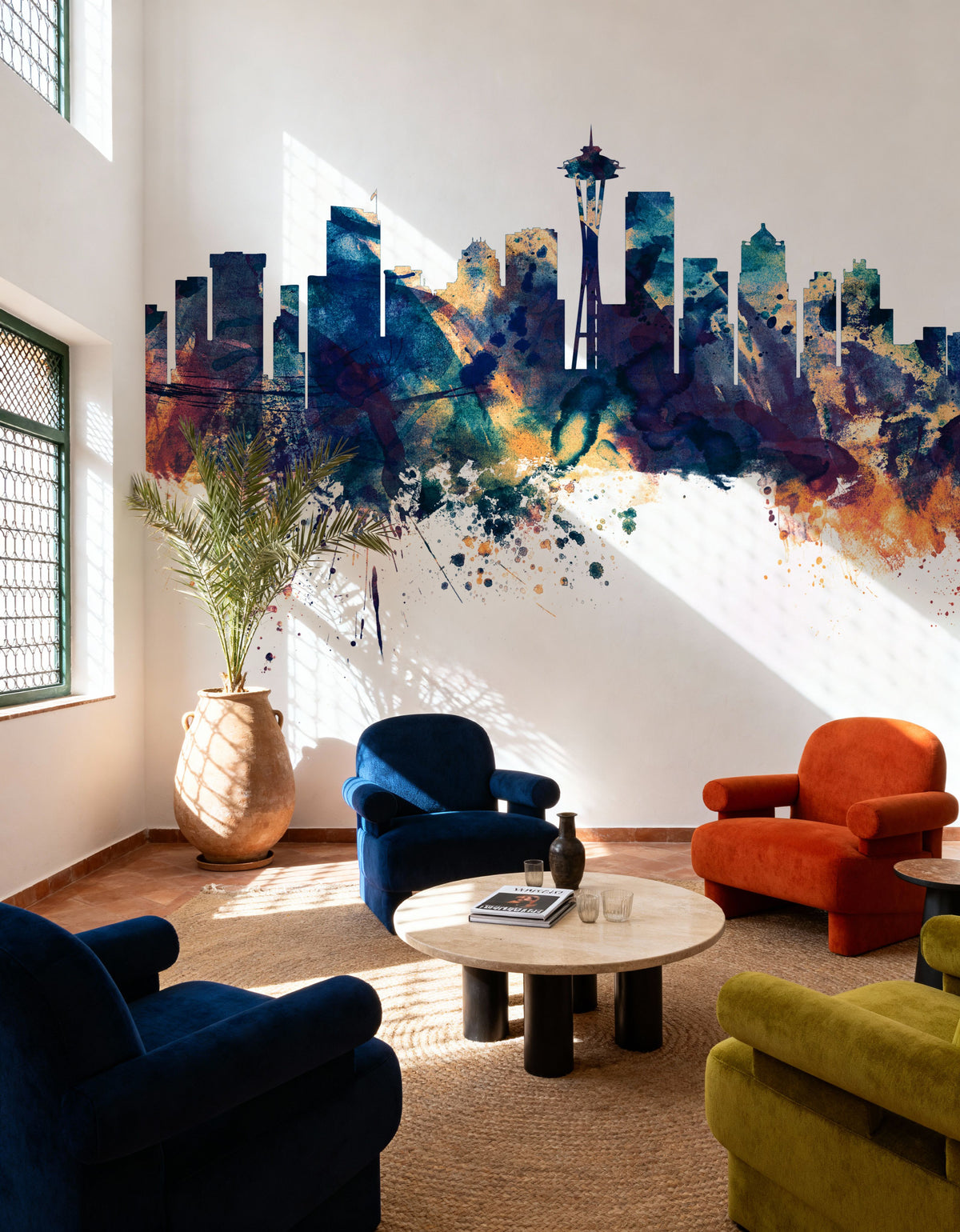 Seattle Skyline Blue & Bronze Mural Wallpaper - room preview 03