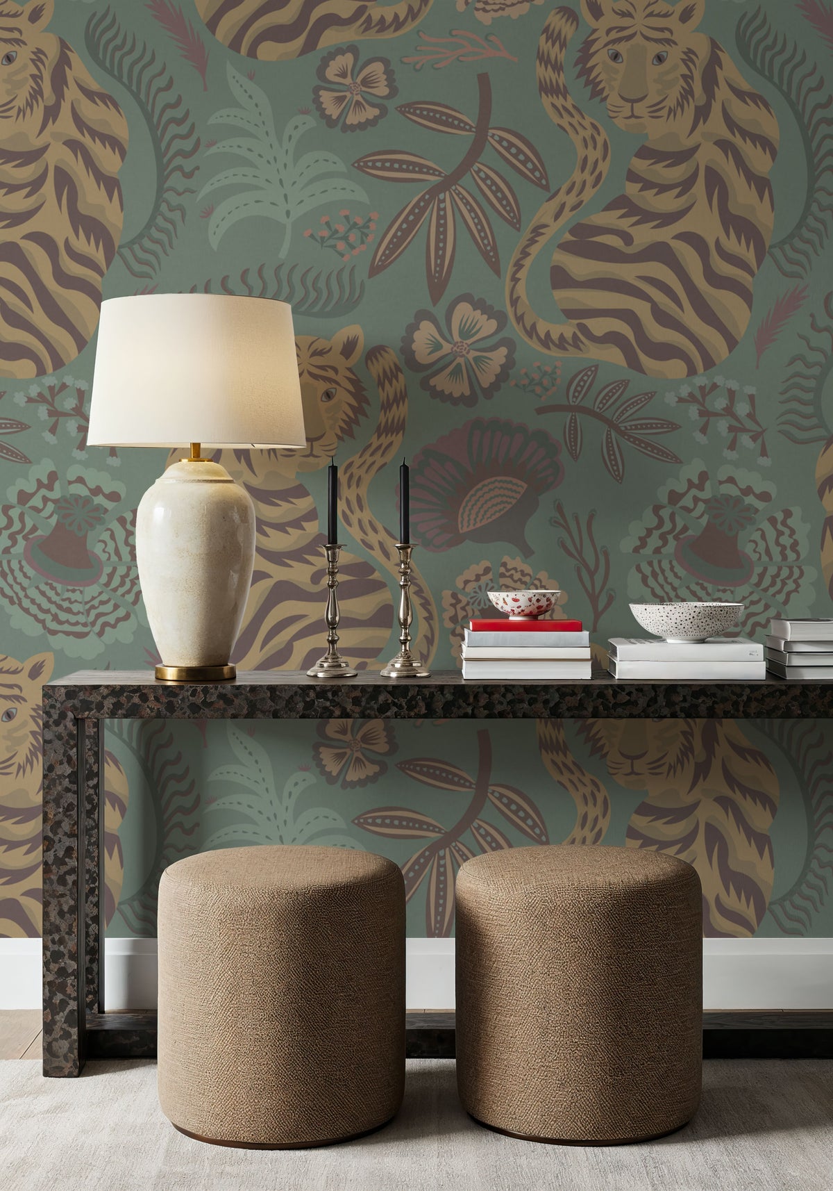 Painterly Tigers Mint Mural Wallpaper - room preview 03