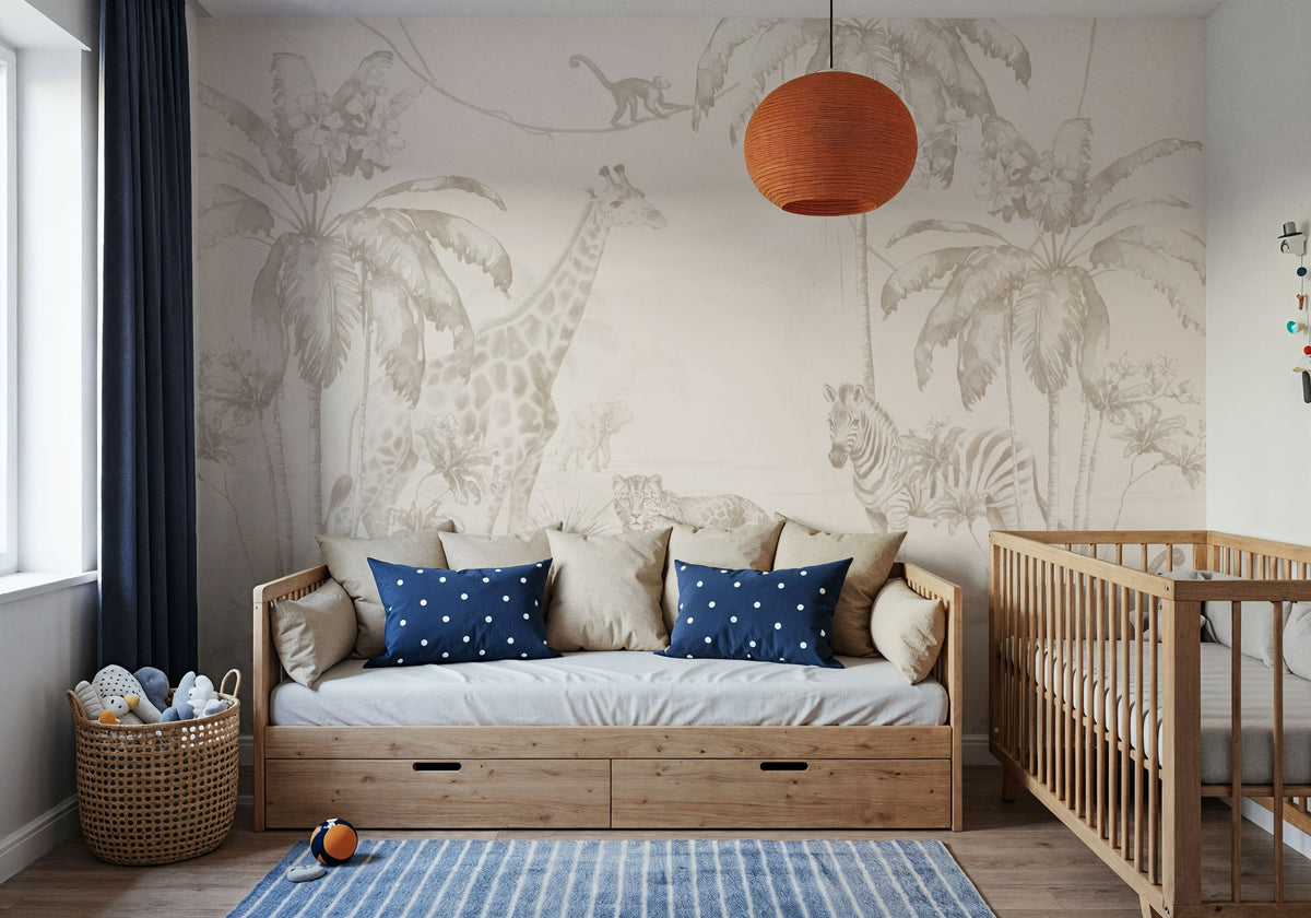 Whimsical Wildlife Gray Mural Wallpaper - room preview 03