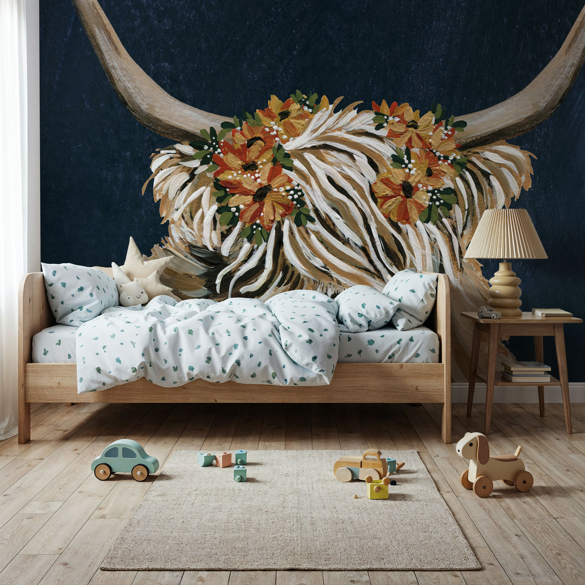Harvest Cow Floral Texture Dark Mural Wallpaper - room preview 03