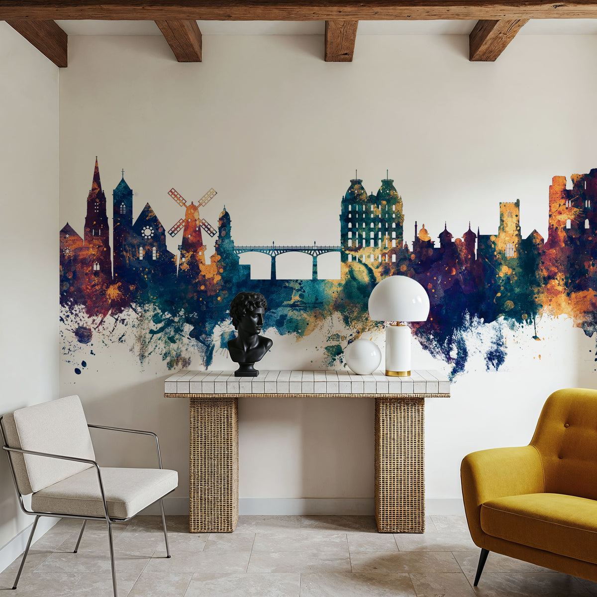Scarborough England Skyline Blue & Bronze Mural Wallpaper - room preview 03