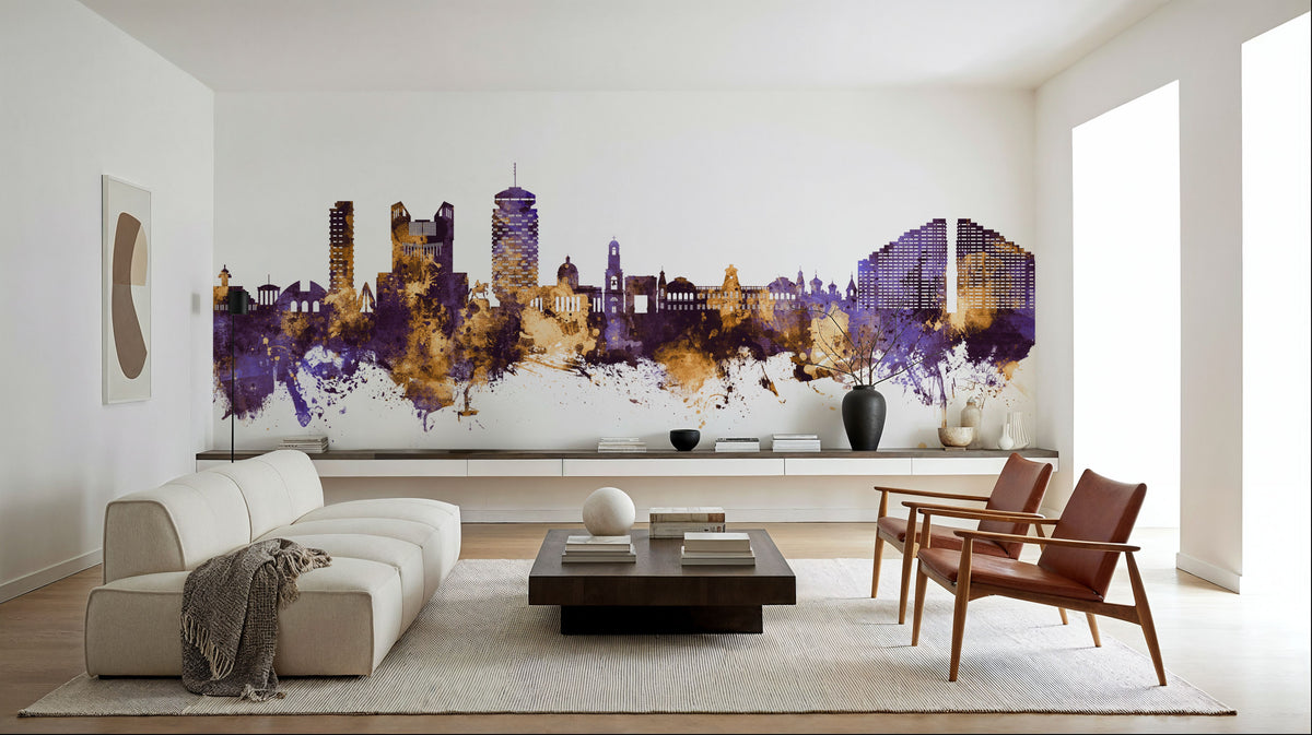 Chisinau Moldova Skyline Purple & Gold Mural Wallpaper - room preview 03