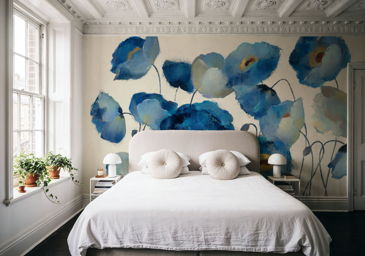 Aquamarine Floral on Cream Mural Wallpaper - room preview 03