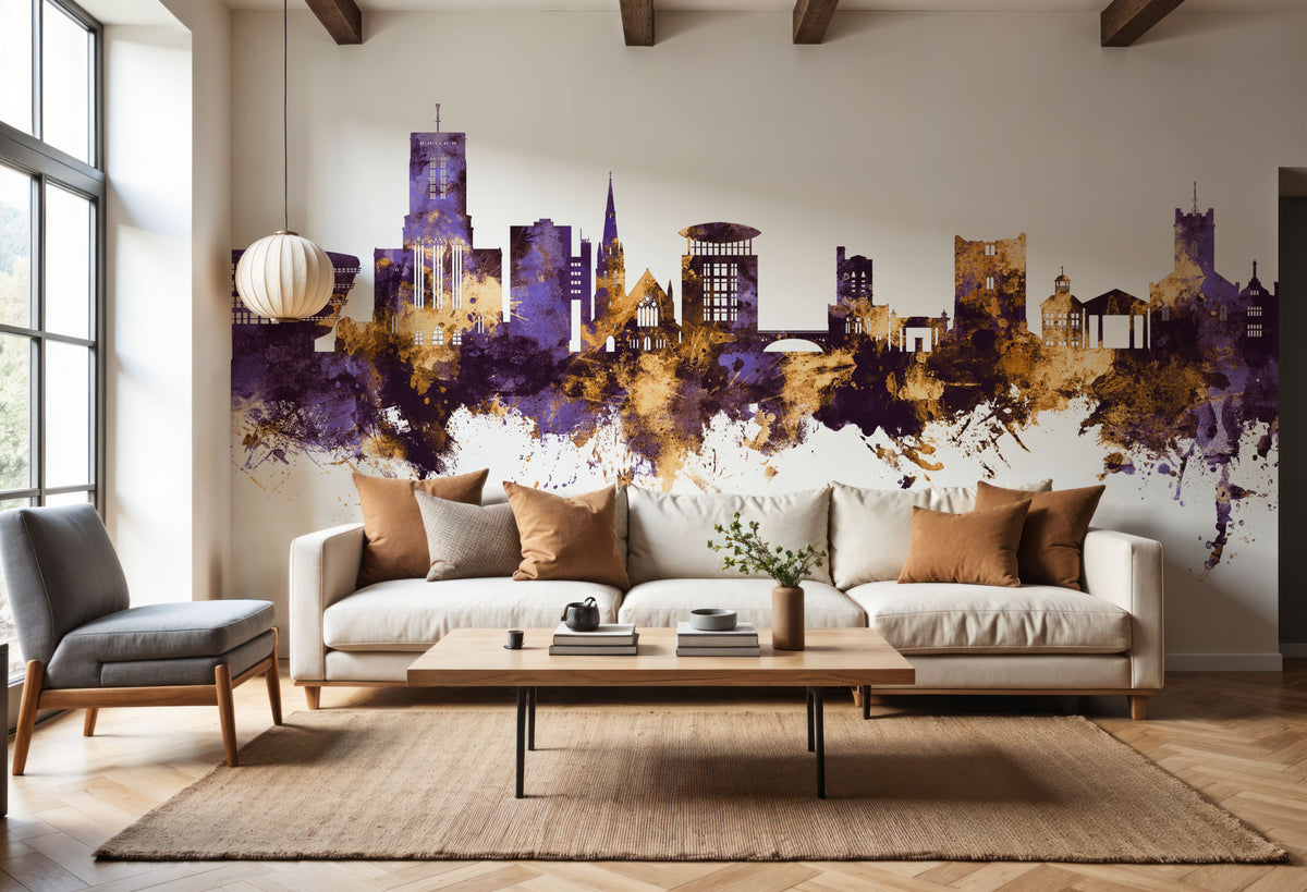Guildford England Skyline Purpl & Gold Mural Wallpaper - room preview 03