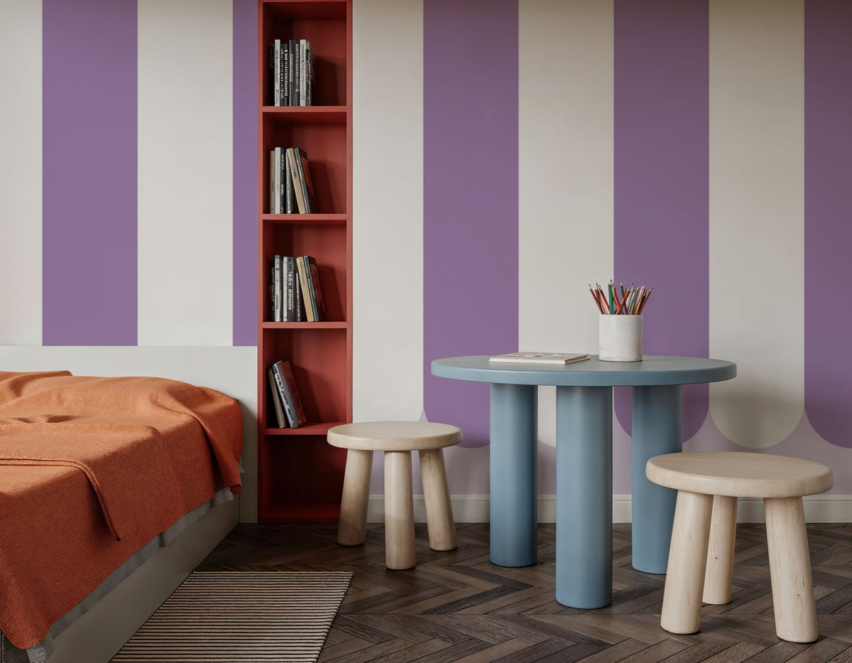 Scalloped Circus Stripes, Purple Mural Wallpaper - room preview 03