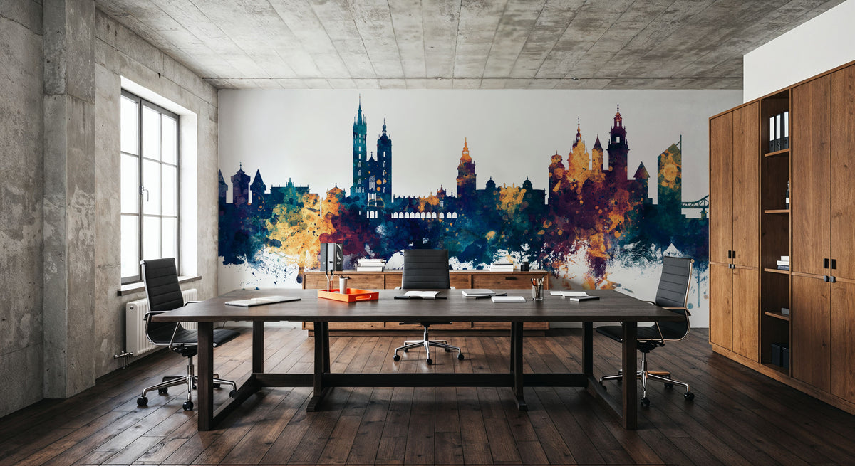 Krakow Skyline Blue & Bronze Mural Wallpaper - room preview 03