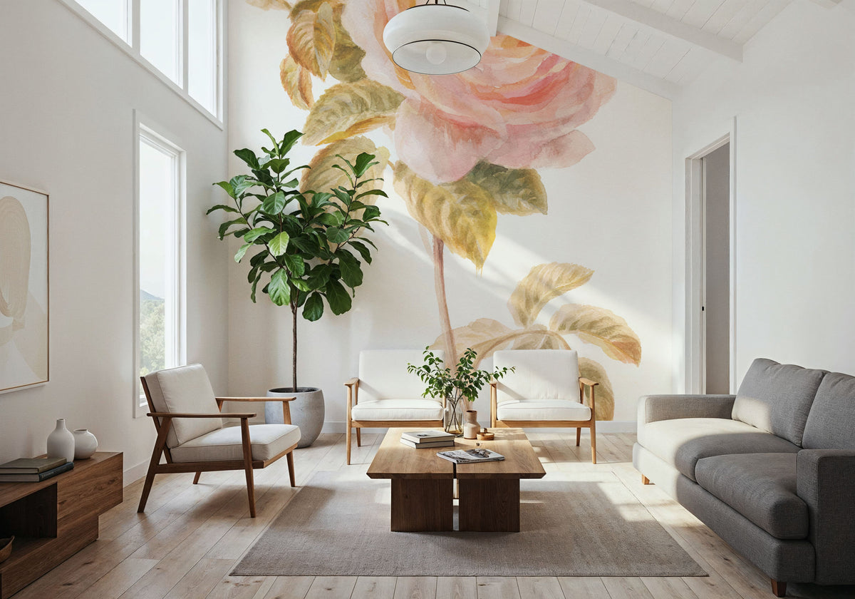 Garden Rose on White Mural Wallpaper - room preview 03