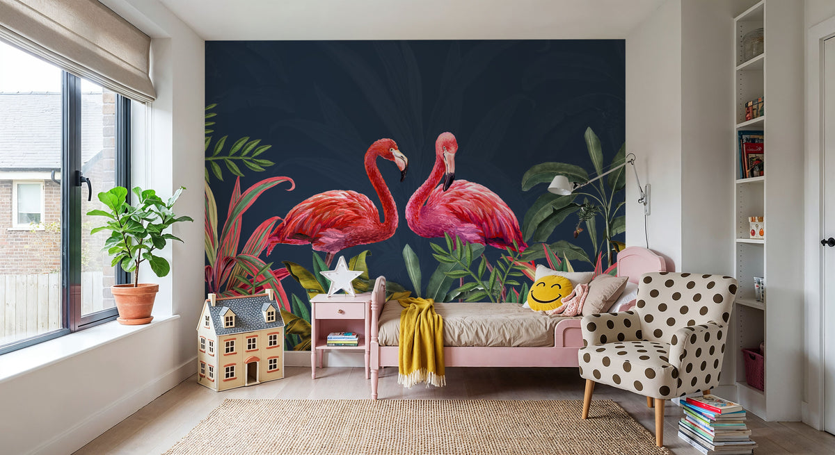 Shy Flamingos Blue Mural Wallpaper - room preview 03