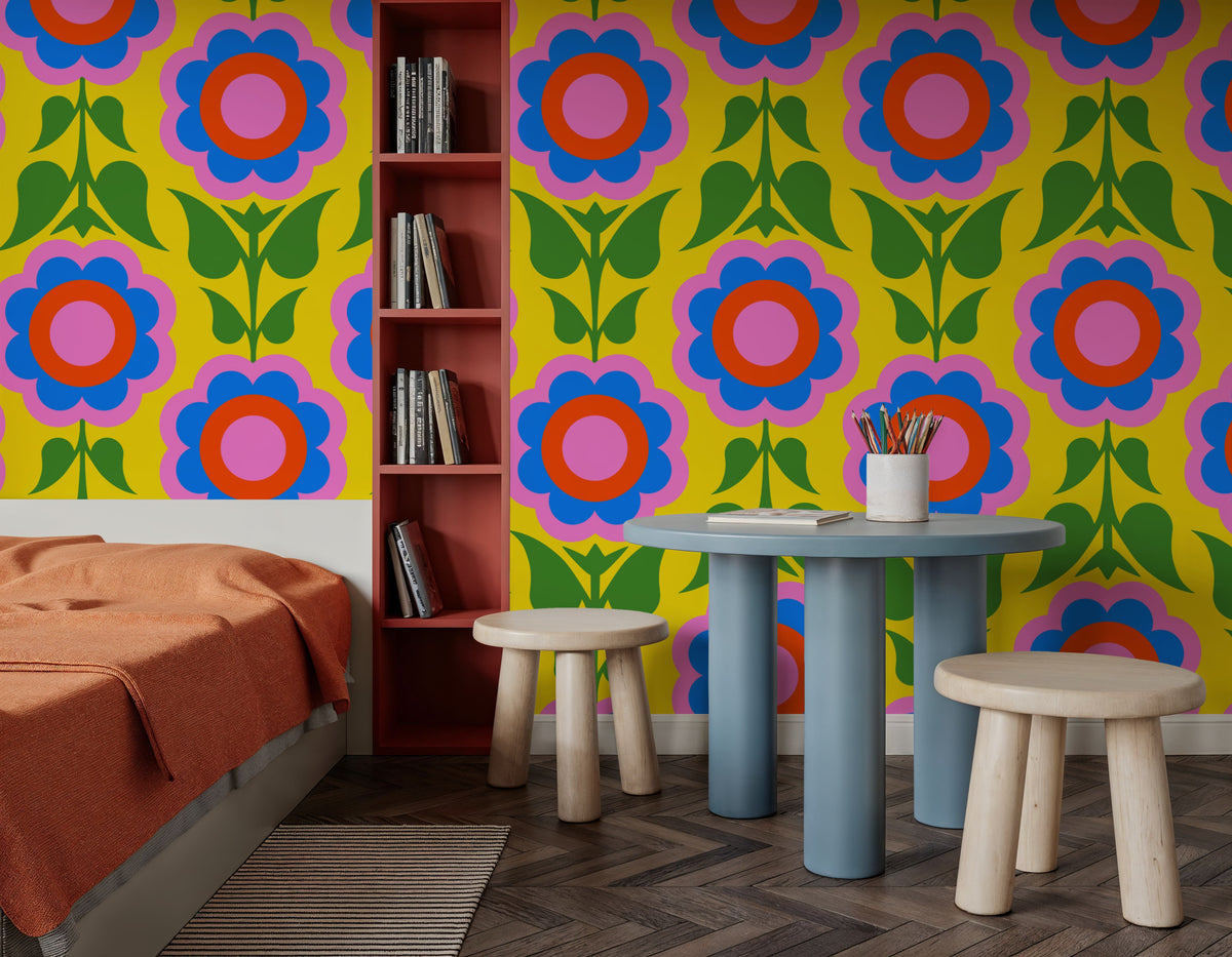 Retro Bold Blooms, Bright Mural Wallpaper - room preview 03