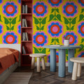 Retro Bold Blooms, Bright Mural Wallpaper - room preview 03